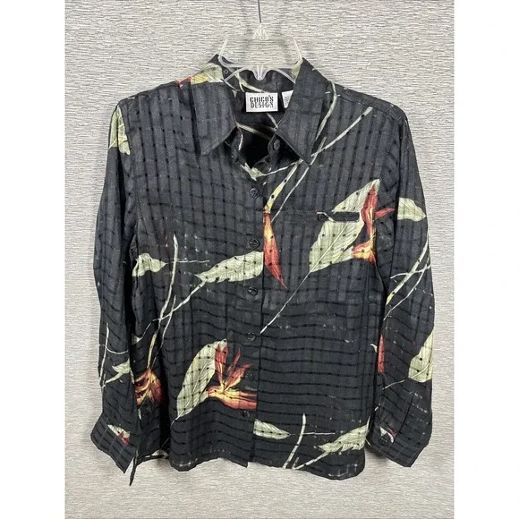 Vtg Chicos Design Women's Black Linen Top Fall Leaves Blouse Size 0 - Picture 1 of 7